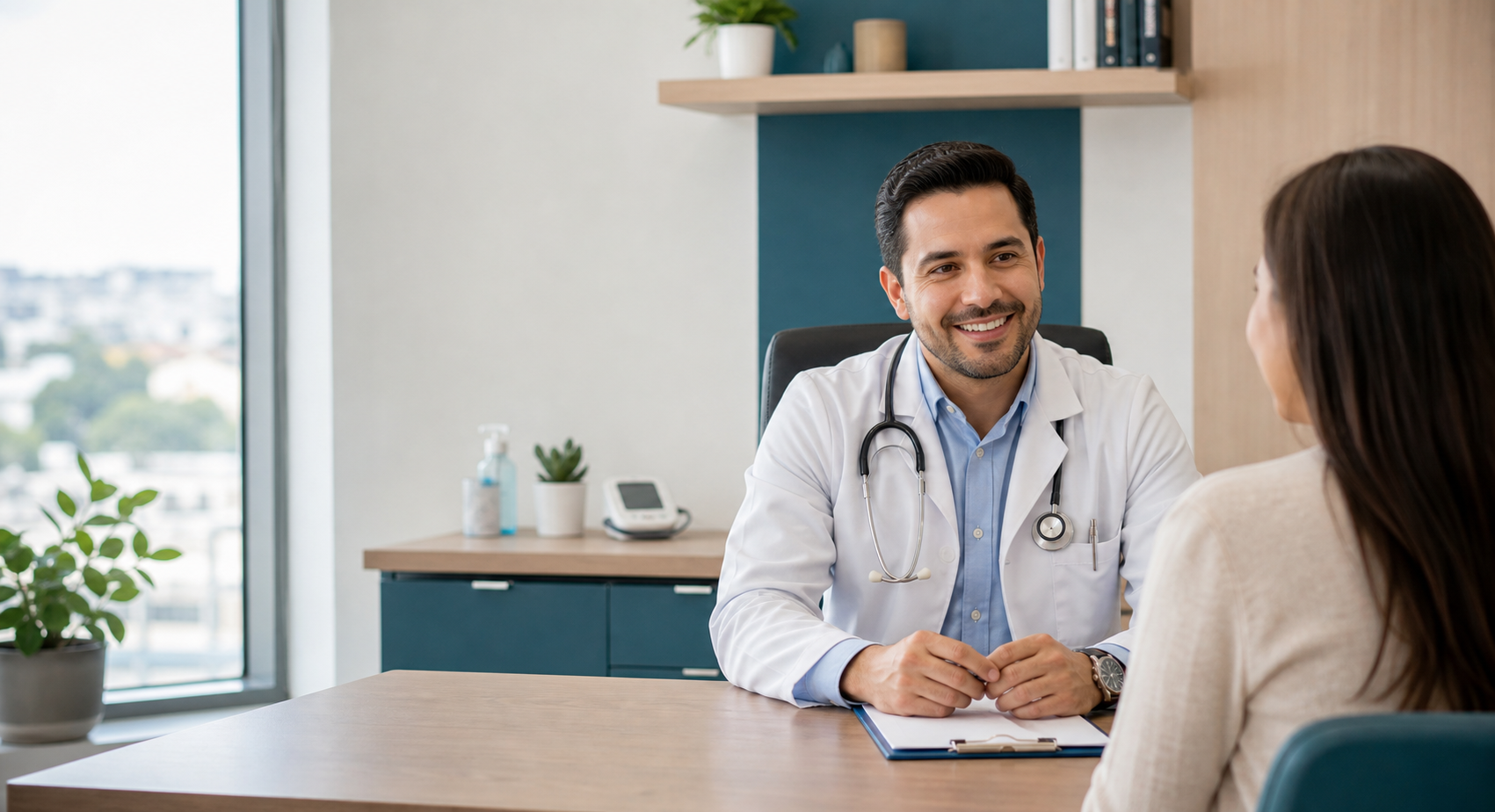 Doctor de medicina general atendiendo a un paciente en consultorio moderno